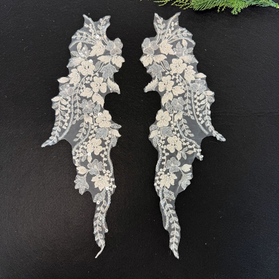 White Beaded Floral Lace Appliqué - DIY Handmade Wedding Dress & Bridal Accessory Embellishment