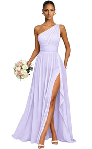 One shoulder chiffon long bridesmaid dress slit evening dress female sister group toast dress graduation performance dress factory direct supply