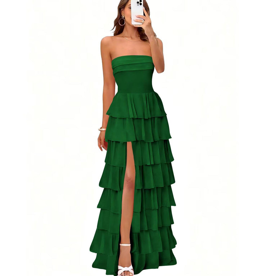 Cake skirt women's layered ruffles high slit long skirt sexy evening dress wedding bridesmaid dress tube top party dress