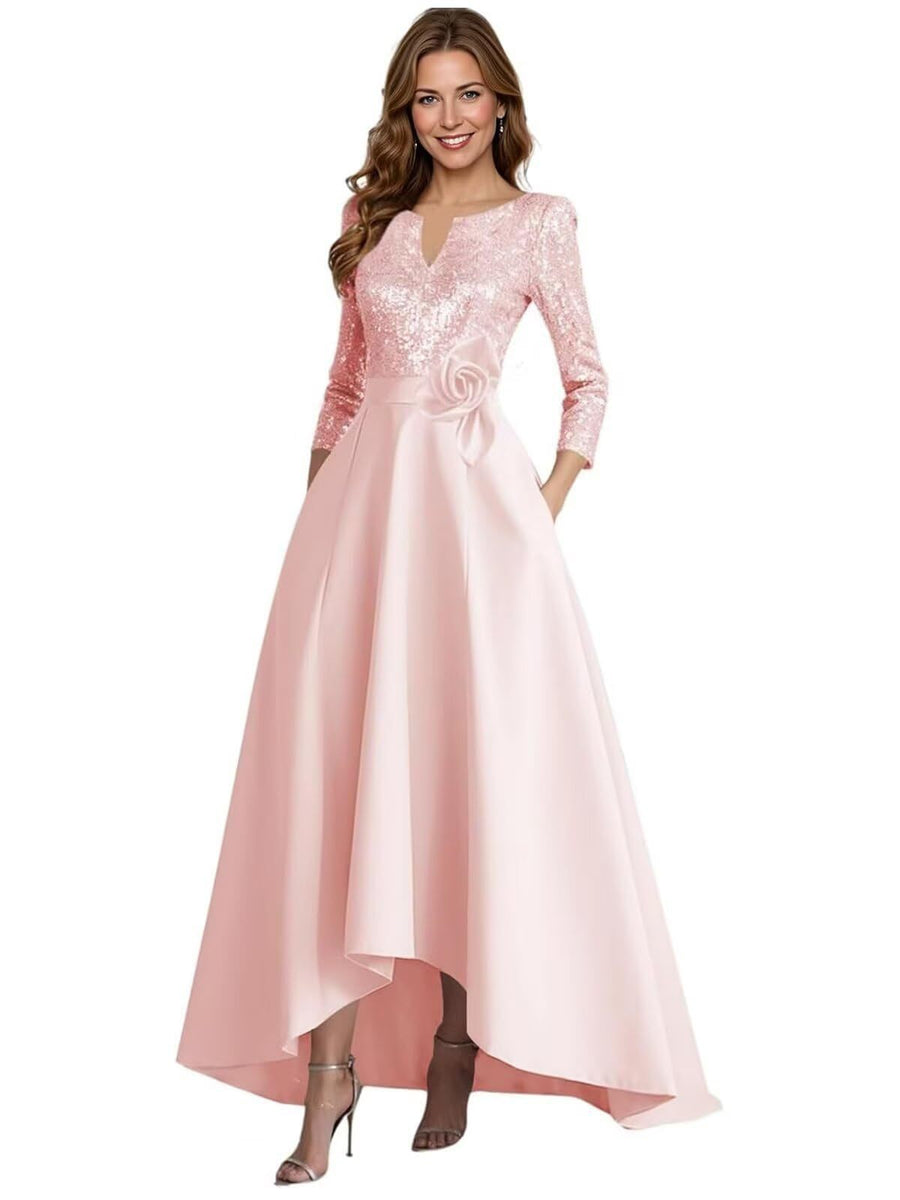European and american style plus size evening gown for women, sequined satin high-low floor-length dress, wedding mother of the bride outfit, new year's gala performance dress