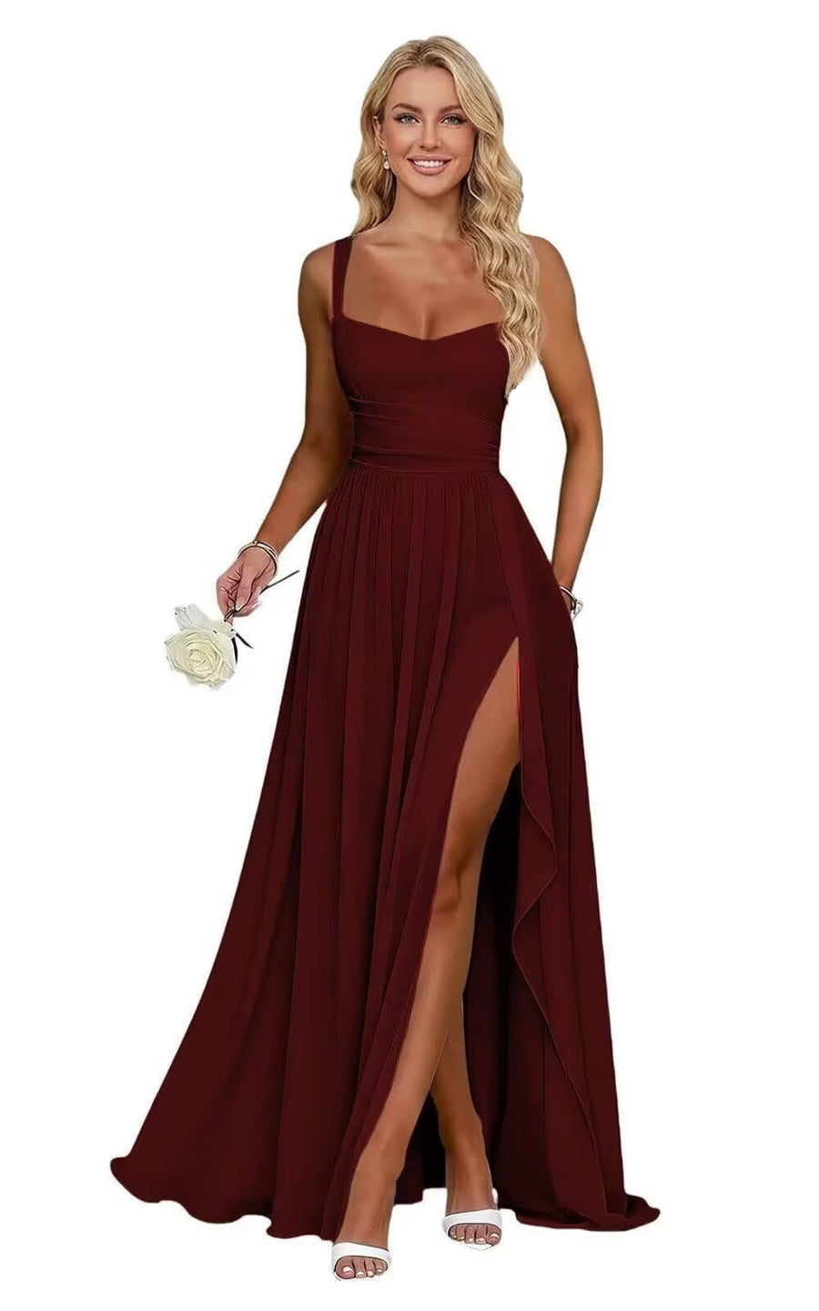 Chiffon suspender high slit long evening dress shoulder strap mop skirt bridesmaid annual meeting host dress banquet dress