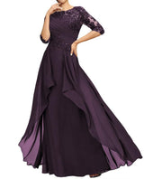 New chiffon lace long evening gown - round neck, mid-sleeve, slimming design - perfect for weddings, bridesmaids, dinner parties, or mother of the bride