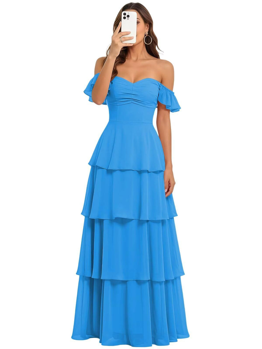 Fairy new arrival mori style bridesmaid dress women's long fairy elegant chiffon cake skirt one shoulder backless strap evening dress
