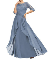 New chiffon lace long evening gown - round neck, mid-sleeve, slimming design - perfect for weddings, bridesmaids, dinner parties, or mother of the bride