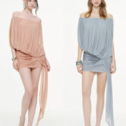 Off-the-Shoulder Ruched Mini Dress — Soft Draping with a Trailing Side Detail