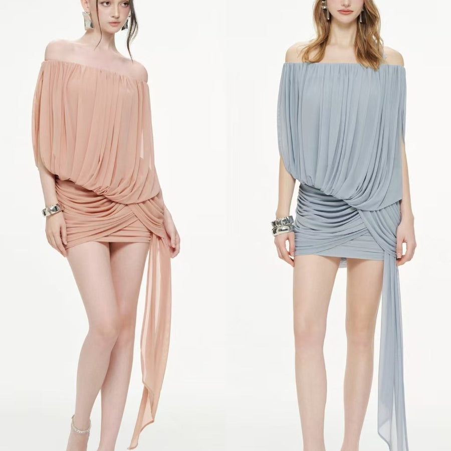 Off-the-Shoulder Ruched Mini Dress — Soft Draping with a Trailing Side Detail
