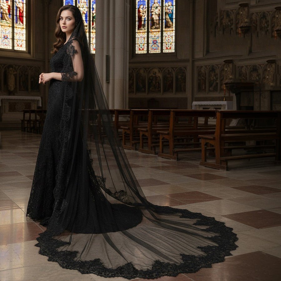 Eyelash lace cathedral bridal veil in black and white with long flowing wedding train