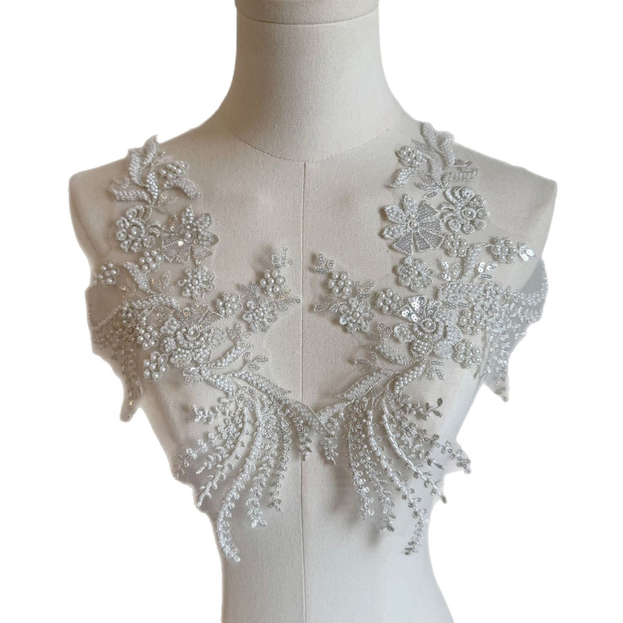 Silver European Style High-End Embroidered Lace Floral Appliqué - Handmade DIY Wedding Dress & Clothing Material (ZH446)