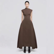 High-Neck A-Line Midi Dress — Sculpted Shoulders with an Asymmetric Hem