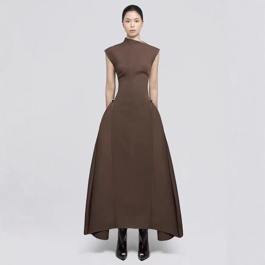 High-Neck A-Line Midi Dress — Sculpted Shoulders with an Asymmetric Hem