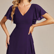 2026 cross-border gentle style v-neck pleated chiffon bridesmaid dress ruffle short-sleeved asymmetrical skirt party