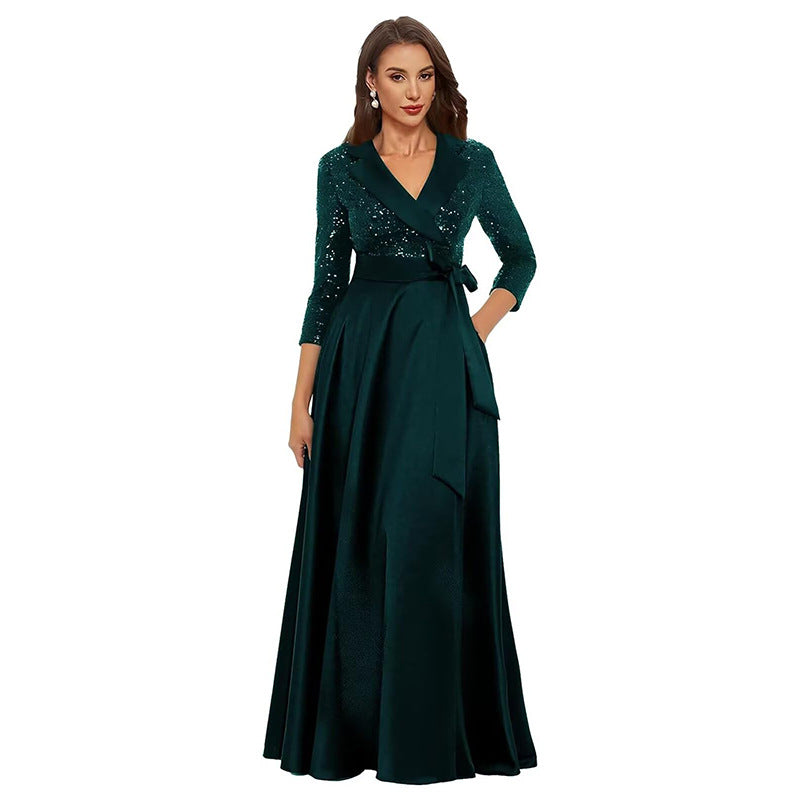 Cross-border amazon hot-selling black long evening gown for women, mid-sleeve, slim-fit, figure-flattering, perfect for banquets, annual meetings, hosts, and performances