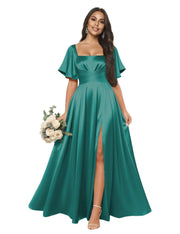 Satin square neck short-sleeved long evening dress, multiple colors available, sister group toast dress, annual meeting host, classy banquet