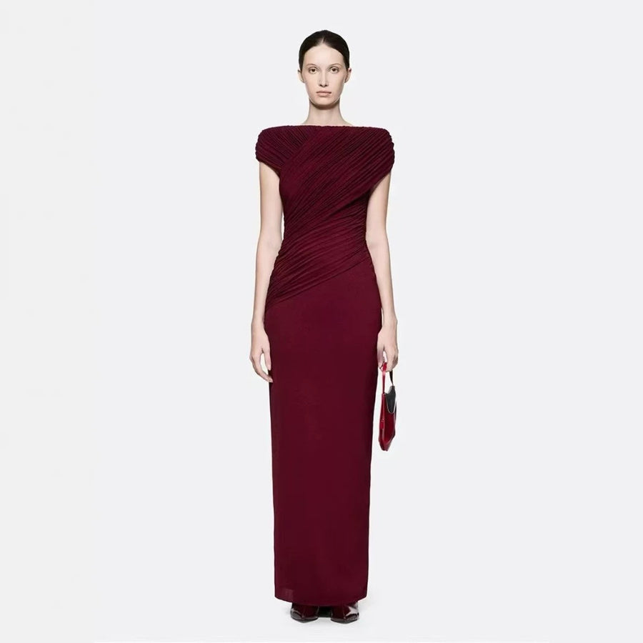 Boat-Neck Ruched Maxi Dress — Cap Sleeves with Asymmetric Draping