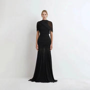 High-Neck Ruched Evening Gown — Draped Shoulders with a Fluid Full-Length Skirt