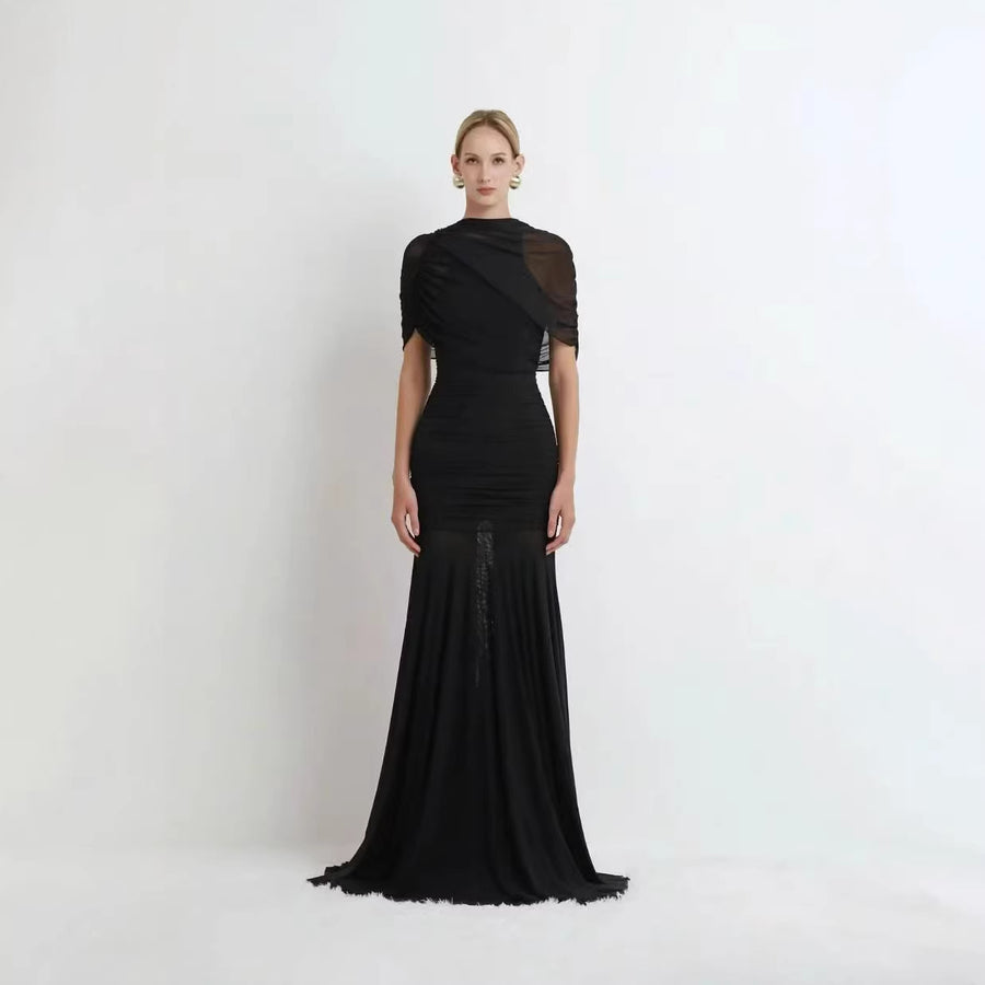 High-Neck Ruched Evening Gown — Draped Shoulders with a Fluid Full-Length Skirt