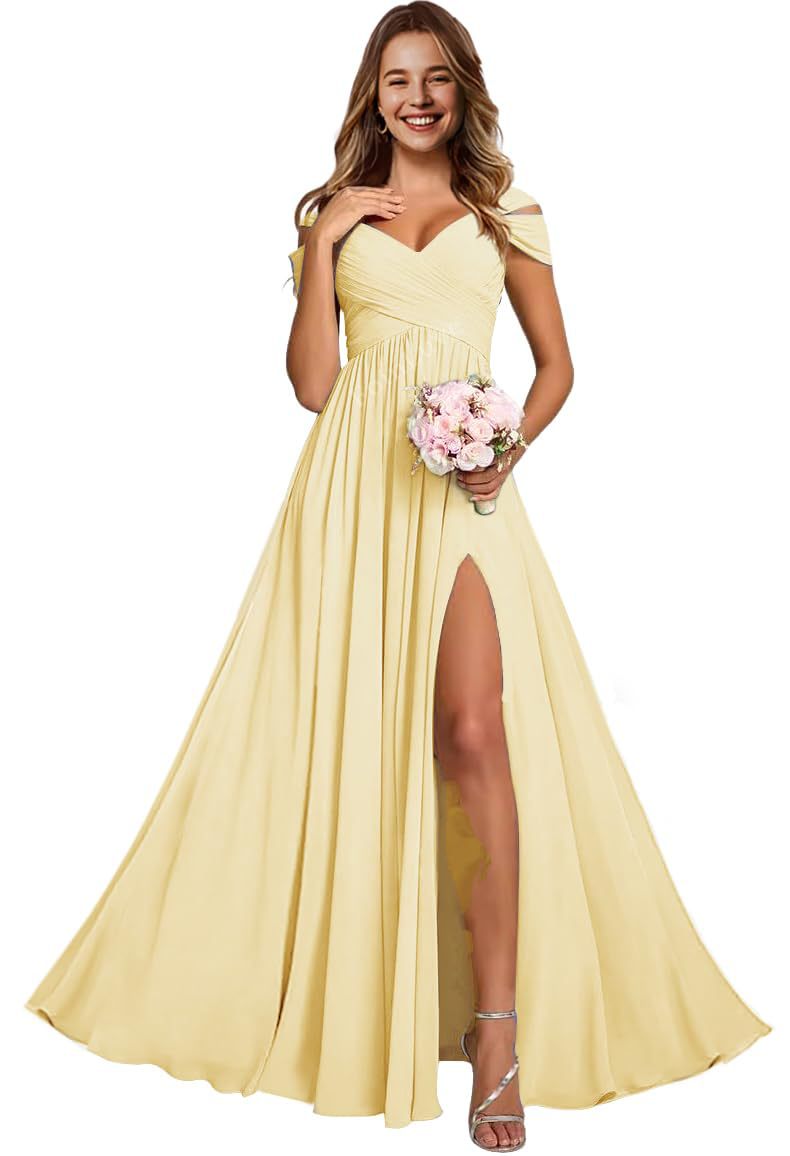Off-the-shoulder bridesmaid dresses - long, slit, chiffon evening gowns for dinner parties, proms, and sisterhood events