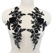 Zh427 pair of black beaded flower appliques - diy embellishments for clothing, dresses, and more - 3d embroidery