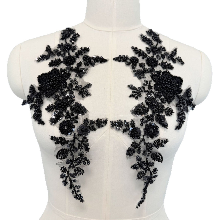 Zh427 pair of black beaded flower appliques - diy embellishments for clothing, dresses, and more - 3d embroidery