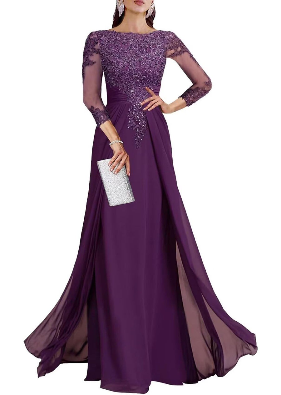 Cross-border lace patchwork long evening dress women's three-quarter sleeve banquet host bridesmaid dress new arrival elegant slimming evening gown
