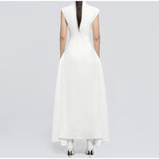 High-Neck A-Line Midi Dress — Sculpted Shoulders with an Asymmetric Hem