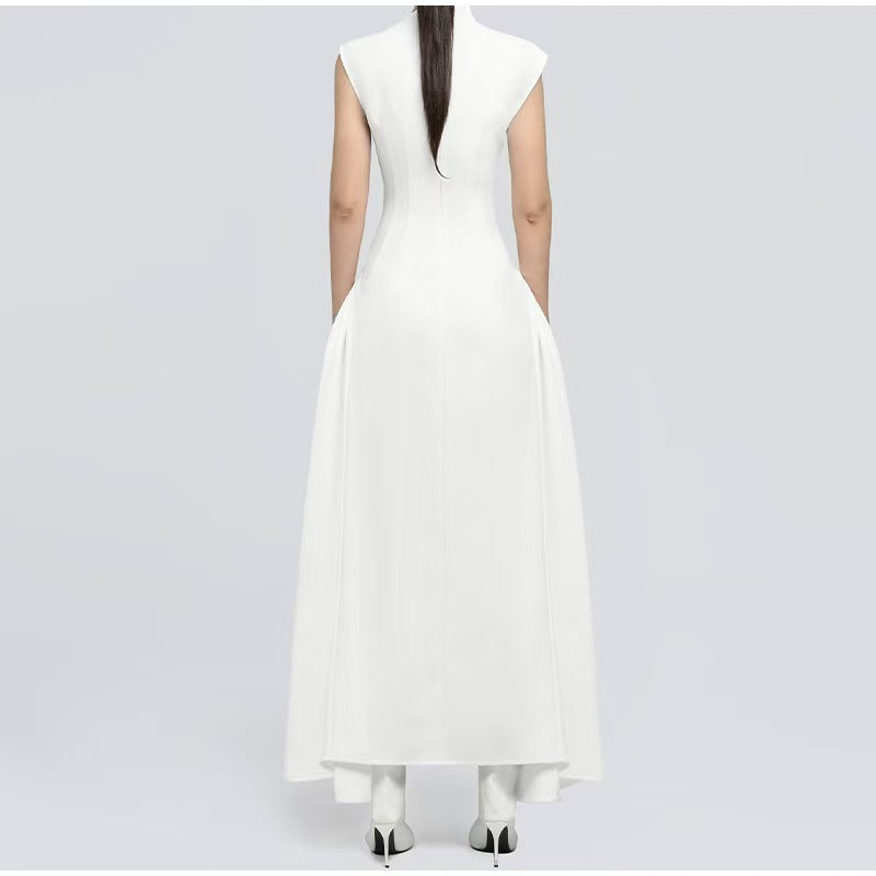 High-Neck A-Line Midi Dress — Sculpted Shoulders with an Asymmetric Hem
