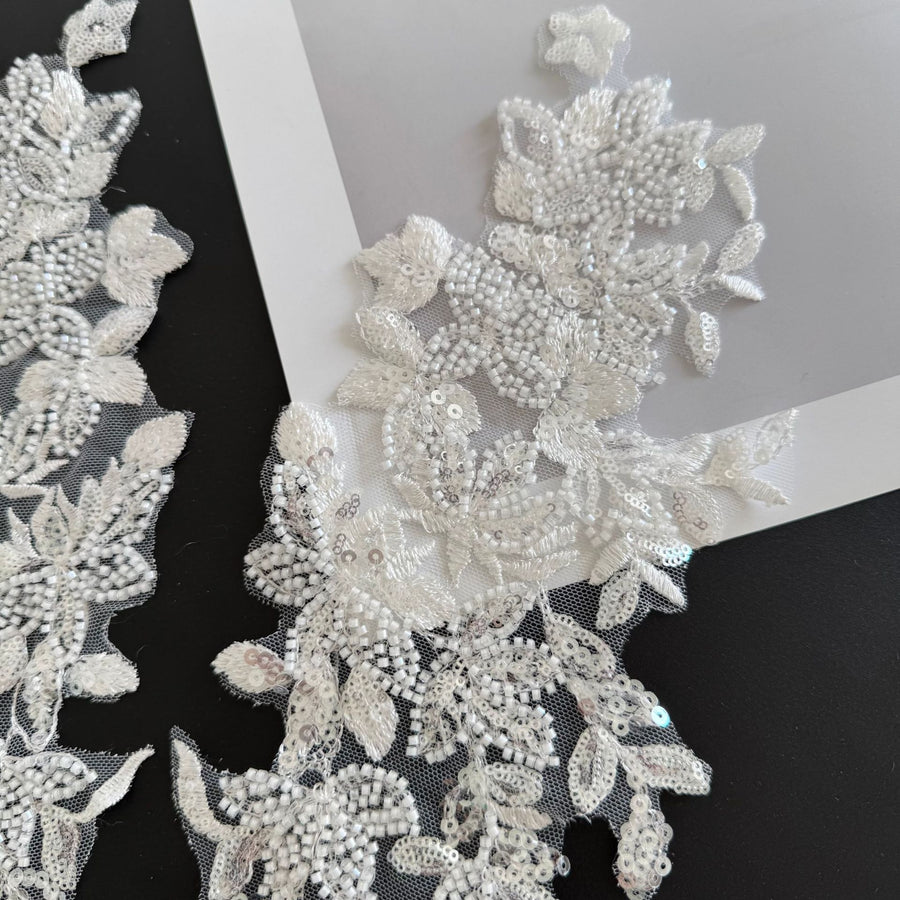 White Sequined Lace Flower Bridal Veil - Beaded Wedding Headpiece & DIY Accessory