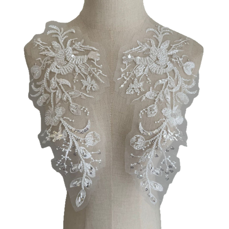 Beaded Sequin Lace Flower Appliqué Pair – DIY Wedding Veil, Dress & Clothing Embellishment (ZH519)