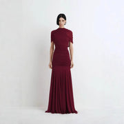 High-Neck Ruched Evening Gown — Draped Shoulders with a Fluid Full-Length Skirt