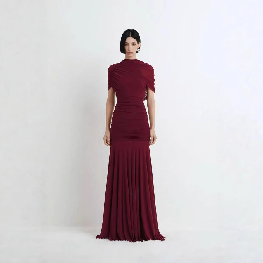High-Neck Ruched Evening Gown — Draped Shoulders with a Fluid Full-Length Skirt
