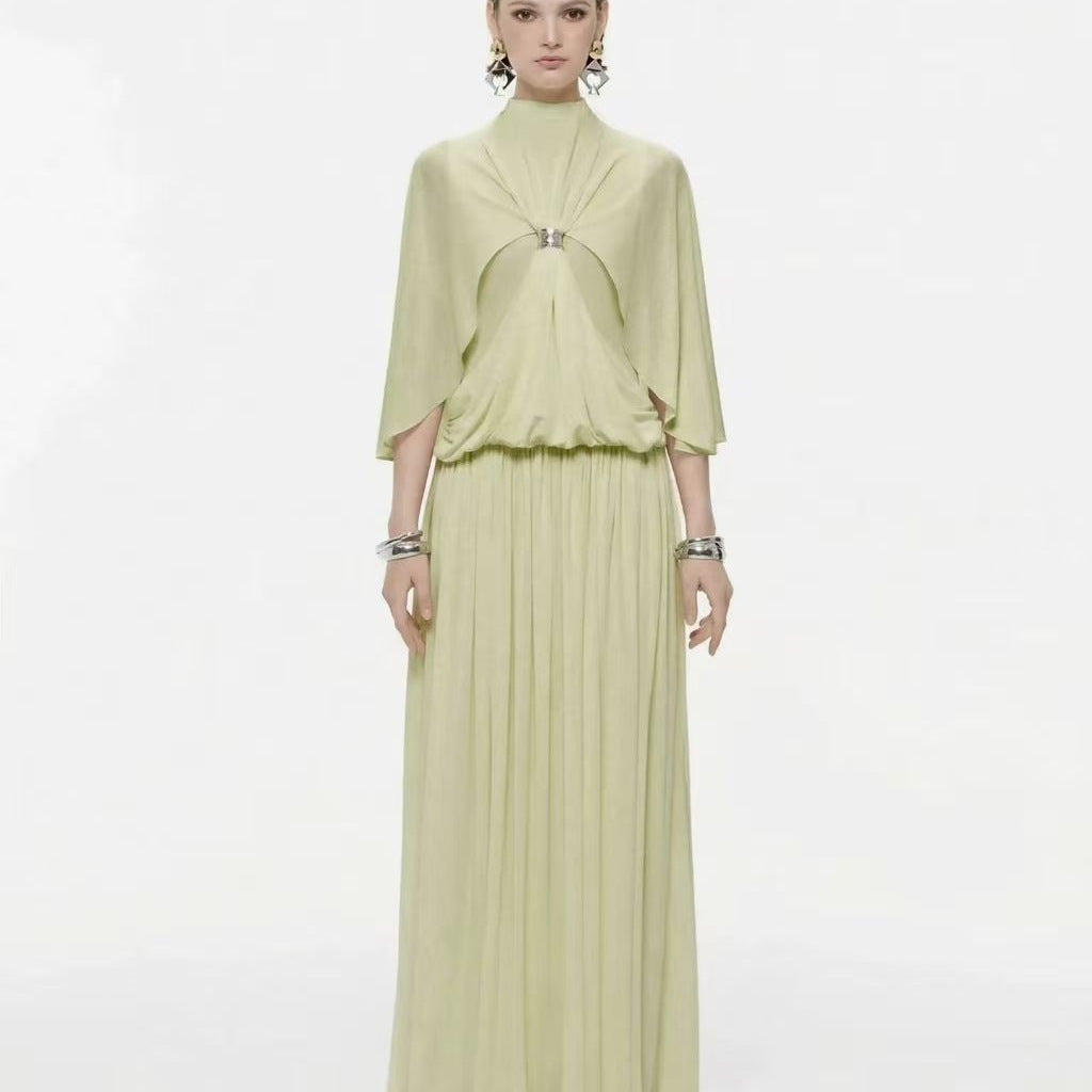 Cape-Detail Maxi Dress — A High Neckline with a Flowing Pleated Skirt