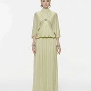 Cape-Detail Maxi Dress — A High Neckline with a Flowing Pleated Skirt
