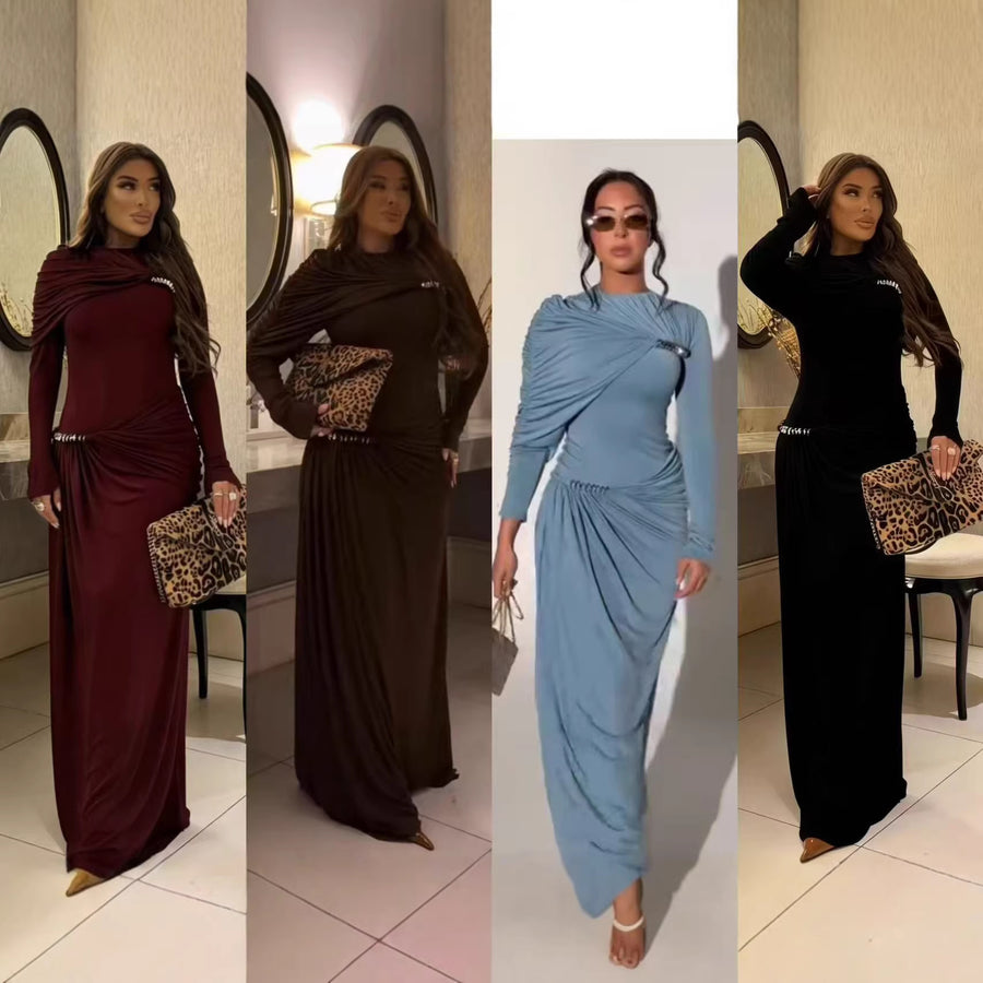 Long-Sleeve Draped Evening Gown — Asymmetric Folds with Metallic Accents