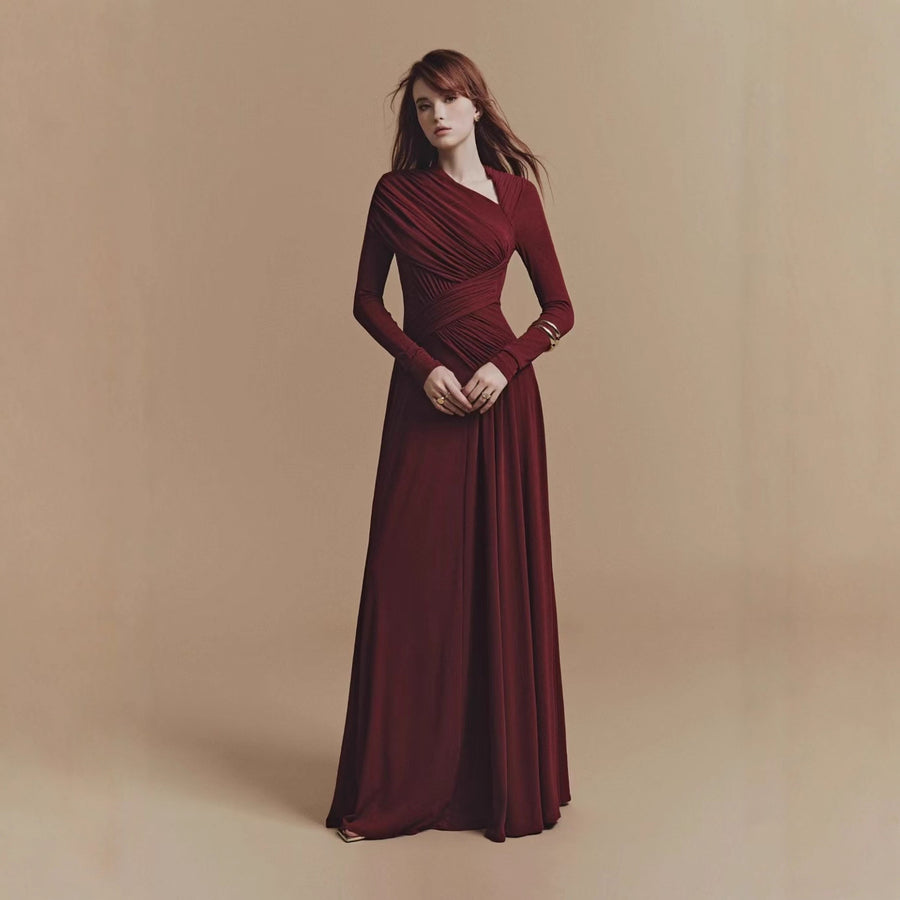 Long-Sleeve Pleated Evening Gown — An Asymmetric Neckline with Sculpted Draping