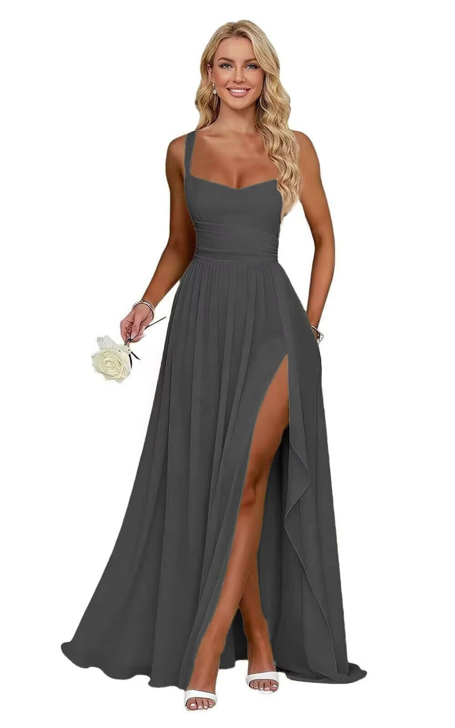 Chiffon suspender high slit long evening dress shoulder strap mop skirt bridesmaid annual meeting host dress banquet dress