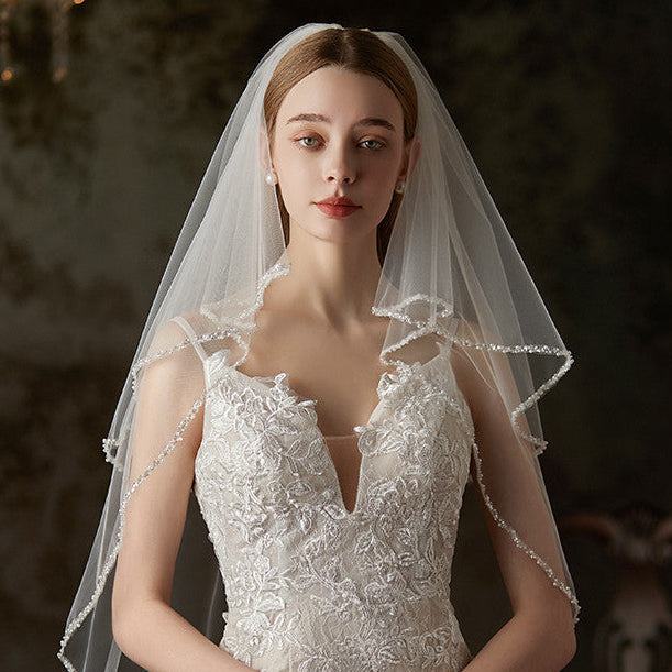 Beige double-layer beaded bridal veil with sequined metal comb on chiffon tulle mid-length wedding veil