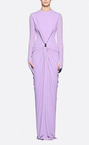 Long-Sleeve Ruched Maxi Dress — Sculpted Draping with a Jewel-Detail Waist