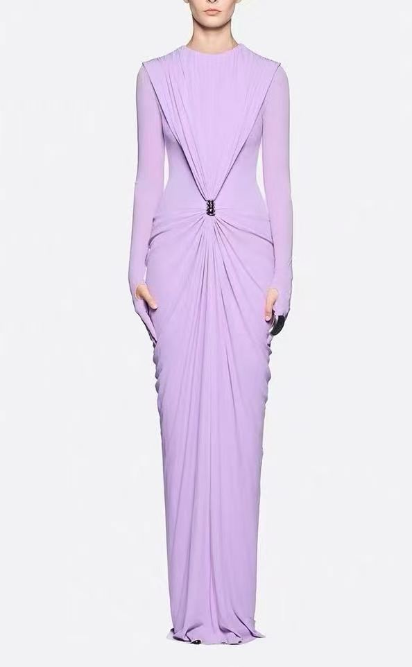Long-Sleeve Ruched Maxi Dress — Sculpted Draping with a Jewel-Detail Waist