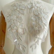 Beaded Embroidery Appliqué Pair – Seed Beads & Sequin Floral Embellishment for Wedding Dresses & Formal Wear (ZH517)