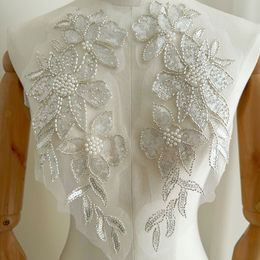 Beaded Embroidery Appliqué Pair – Seed Beads & Sequin Floral Embellishment for Wedding Dresses & Formal Wear (ZH517)