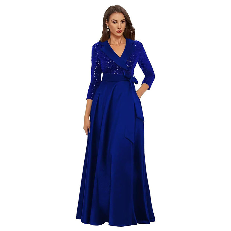 Cross-border amazon hot-selling black long evening gown for women, mid-sleeve, slim-fit, figure-flattering, perfect for banquets, annual meetings, hosts, and performances