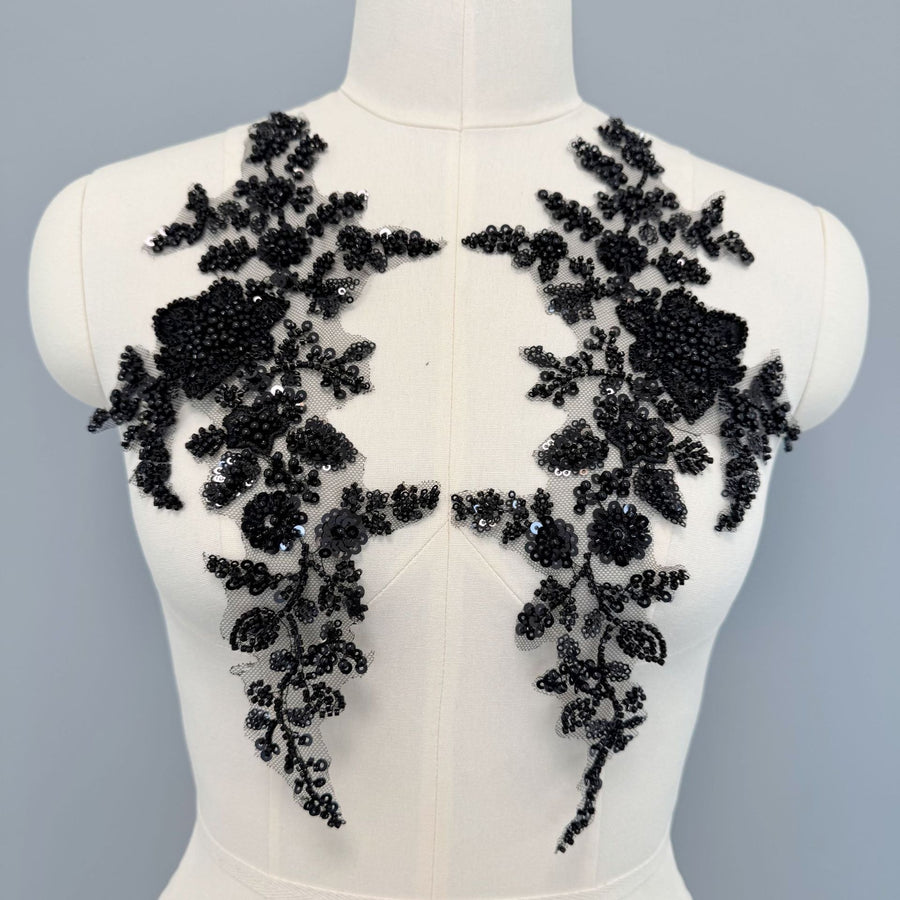 Zh427 pair of black beaded flower appliques - diy embellishments for clothing, dresses, and more - 3d embroidery