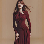 Long-Sleeve Pleated Evening Gown — An Asymmetric Neckline with Sculpted Draping