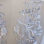 1 pair of silver lace beaded flower patch 3D embroidery applique for wedding neckline decoration