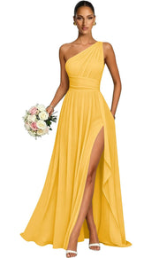 One shoulder chiffon long bridesmaid dress slit evening dress female sister group toast dress graduation performance dress factory direct supply