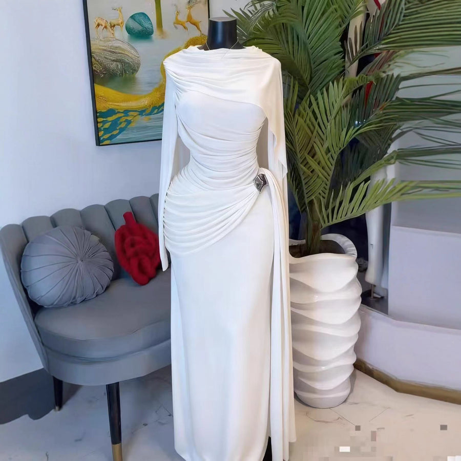 Long-Sleeve Ruched Evening Gown — Asymmetric Draping with a Metallic Hip Detail