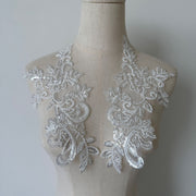 White Beaded Floral Lace Appliqué Pair – DIY Wedding Dress Front & Back Panel and Bridal Veil Embellishment (ZH361)