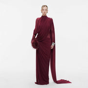 High-Neck Cape Evening Gown — Dramatic Draping with a Trailing Cape