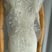 Zh488 new floral embroidery design with beaded appliqué, heavy beading, and silver floral sequins on lace fabric