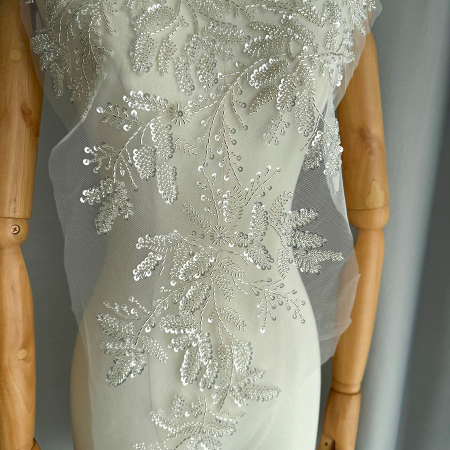 Zh488 new floral embroidery design with beaded appliqué, heavy beading, and silver floral sequins on lace fabric